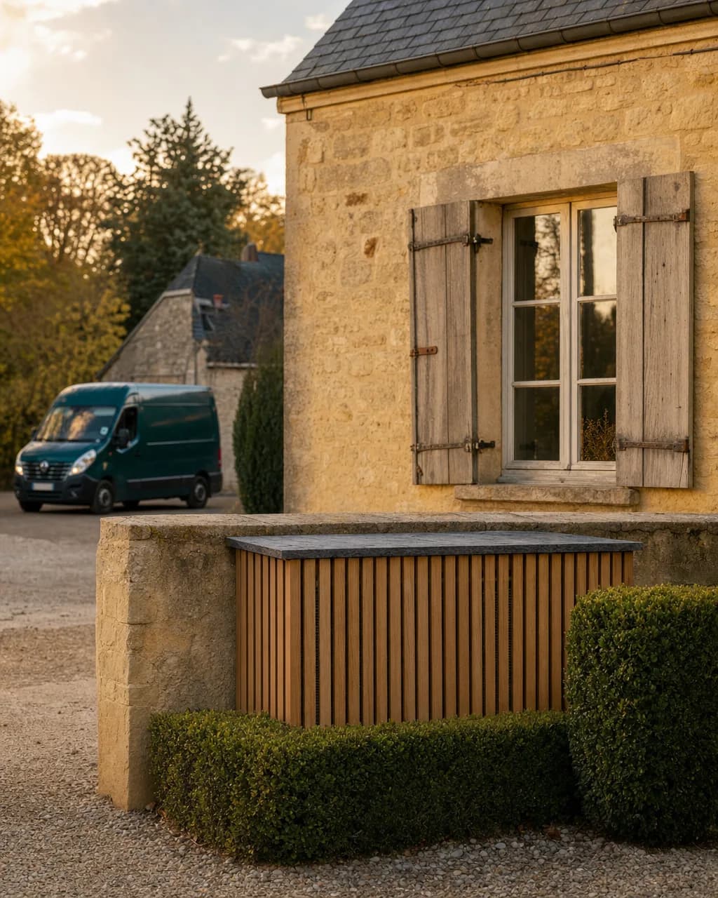 Maison française avec son groupe extérieur de pompe à chaleur intégré dans un habillage bois, fourgon Vertena en arrière plan